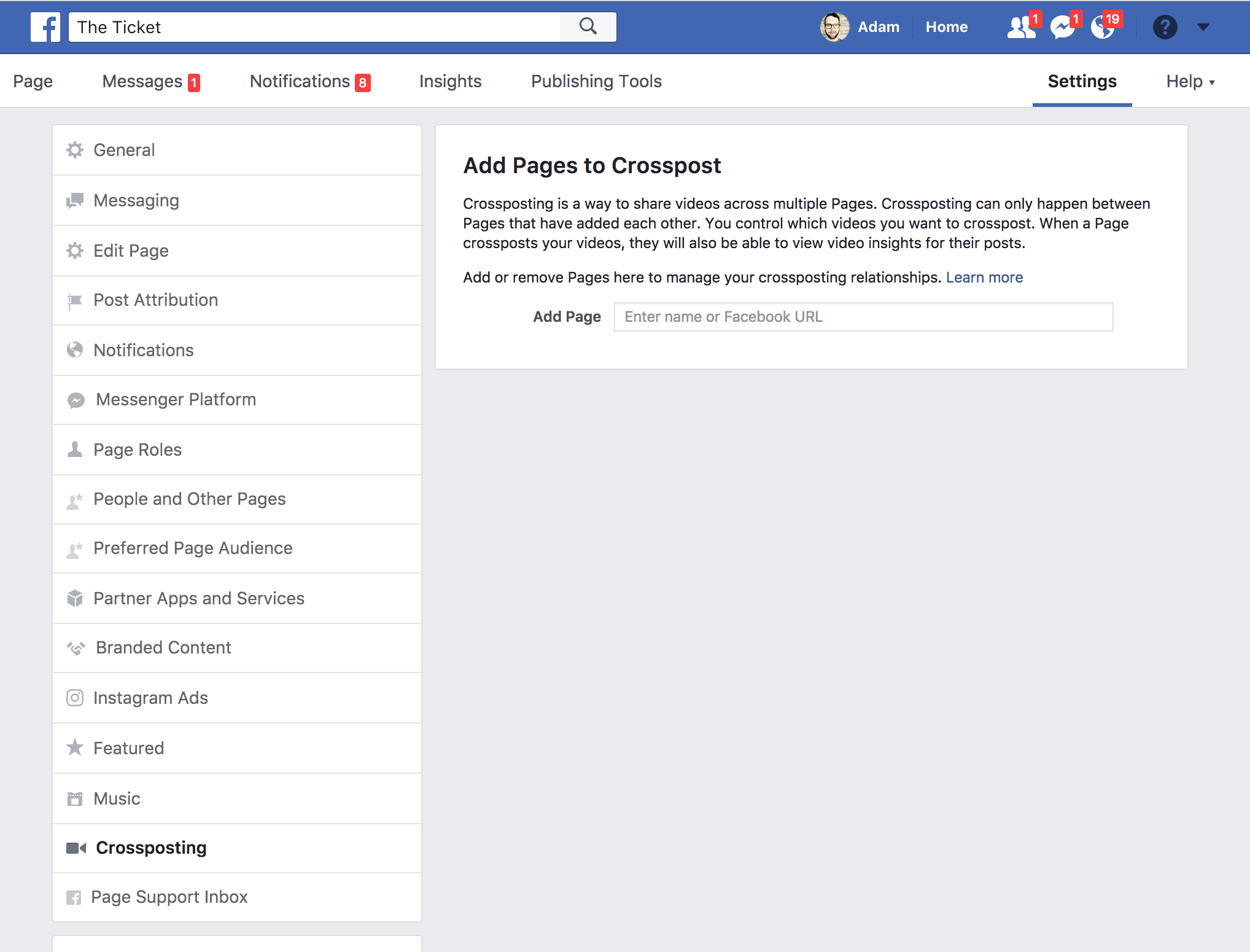 Screenshot of the crossposting settings page from Facebook