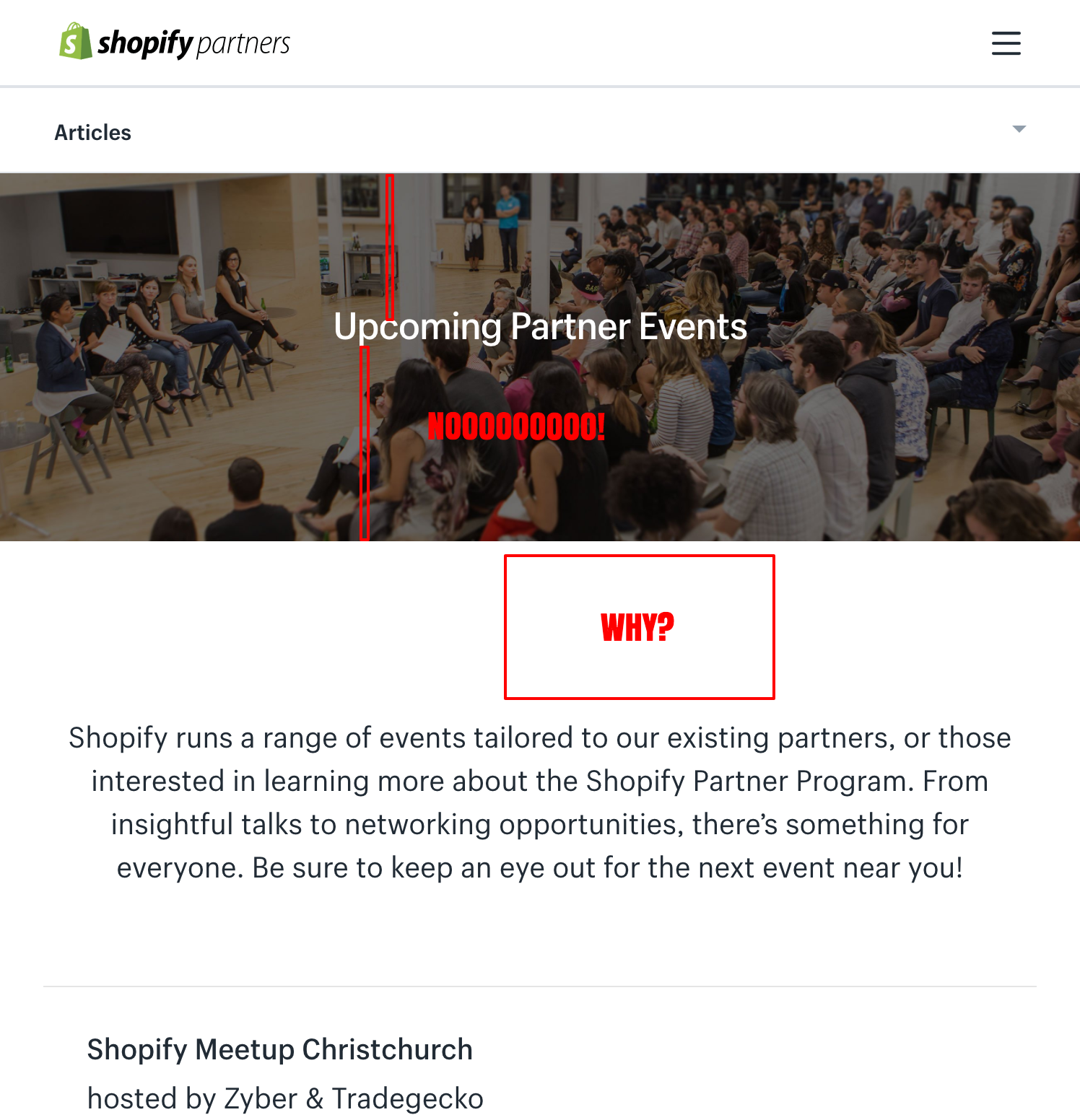 Screenshot of the Shopify Partners event page with small UI problems highlighted